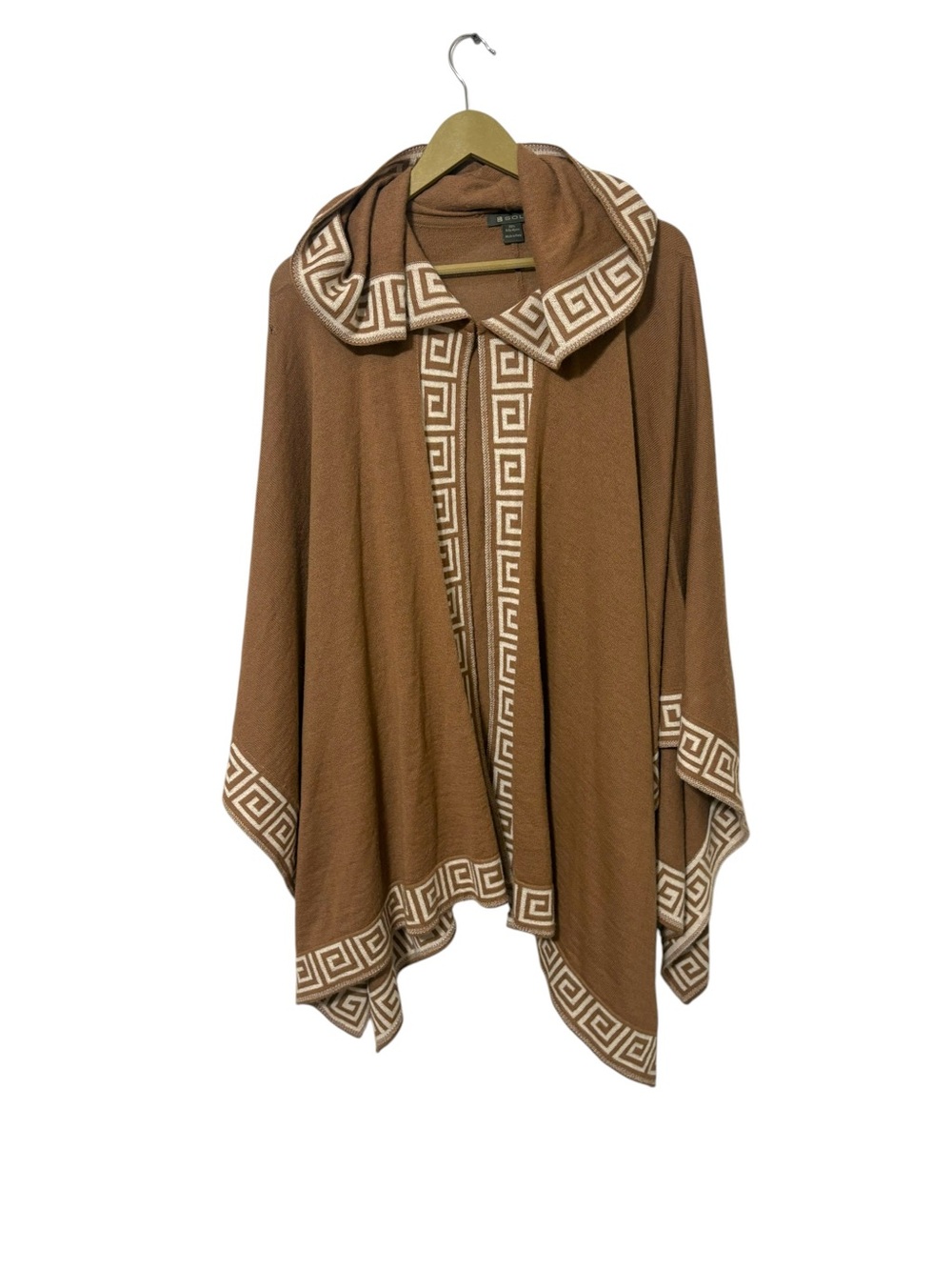 SOL Tan White Aztec Southwestern Print Baby Alpaca Cape Shawl Poncho Knit